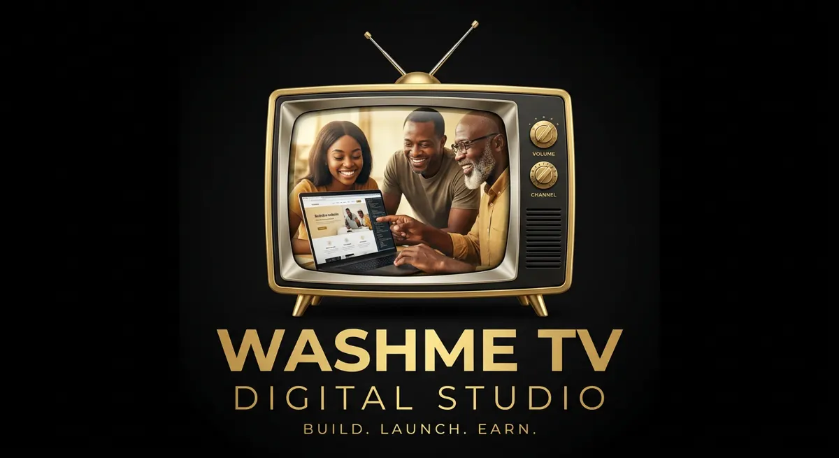 WASHME TV Digital Studio logo: a gold vintage television showing three people smiling at a laptop, above the words Build. Launch. Earn.